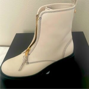 Coach Cream Leather Front-Zip Ankle Boot with Gold Hardware